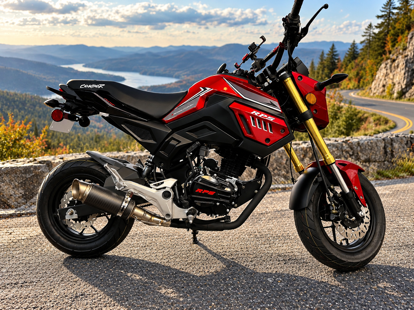 Red RPS Condor 150 parked at a mountain overlook